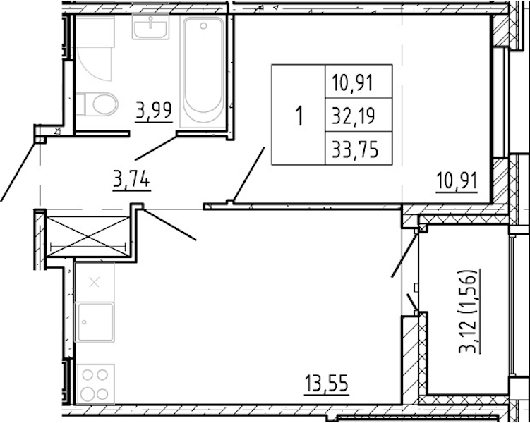 1-комнатная квартира 32.19 м², 11/12 эт., ЖК «Полис Новоселье»